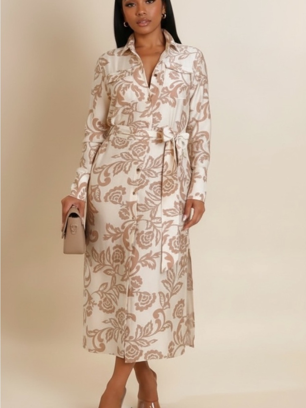 Ovi Cream Shirt Dress with Beige Floral Motif